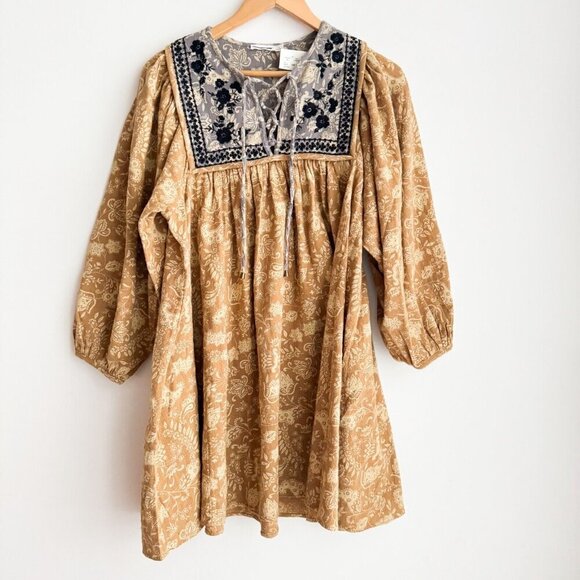 Unsubscribed Cotton Embroidered Mustard Yellow Navy Blue Dress 2 - Picture 2 of 9